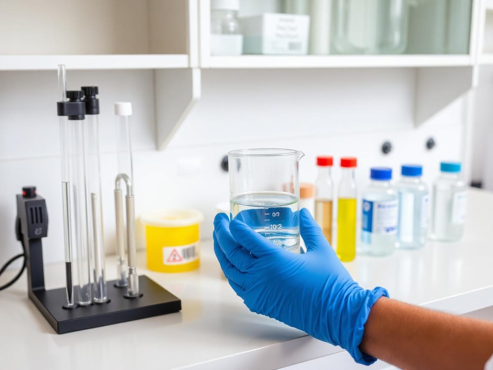 Water sample in a beaker on a laboratory bench with test instruments