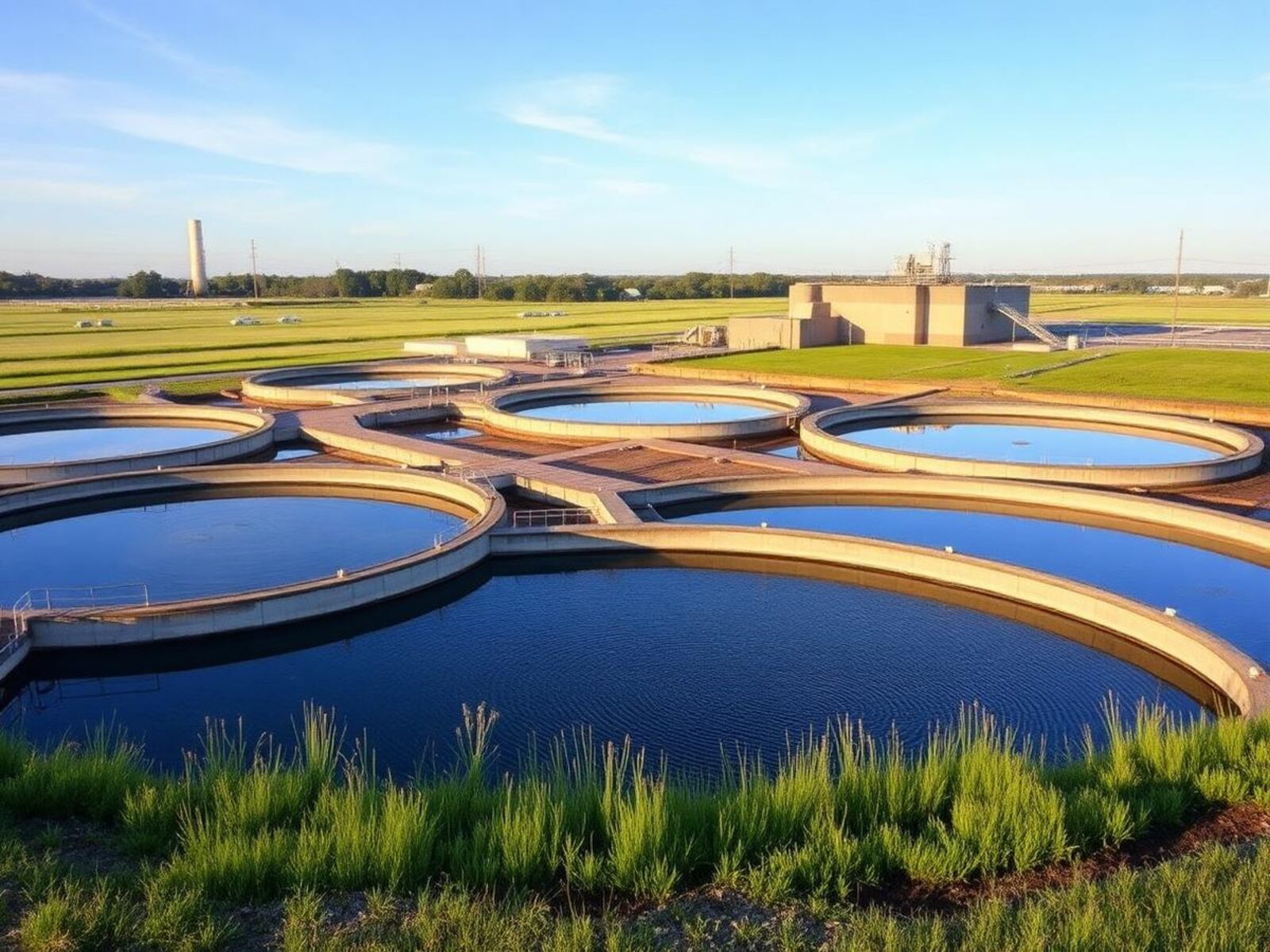 Municipal clarifier basins at a water treatment facility