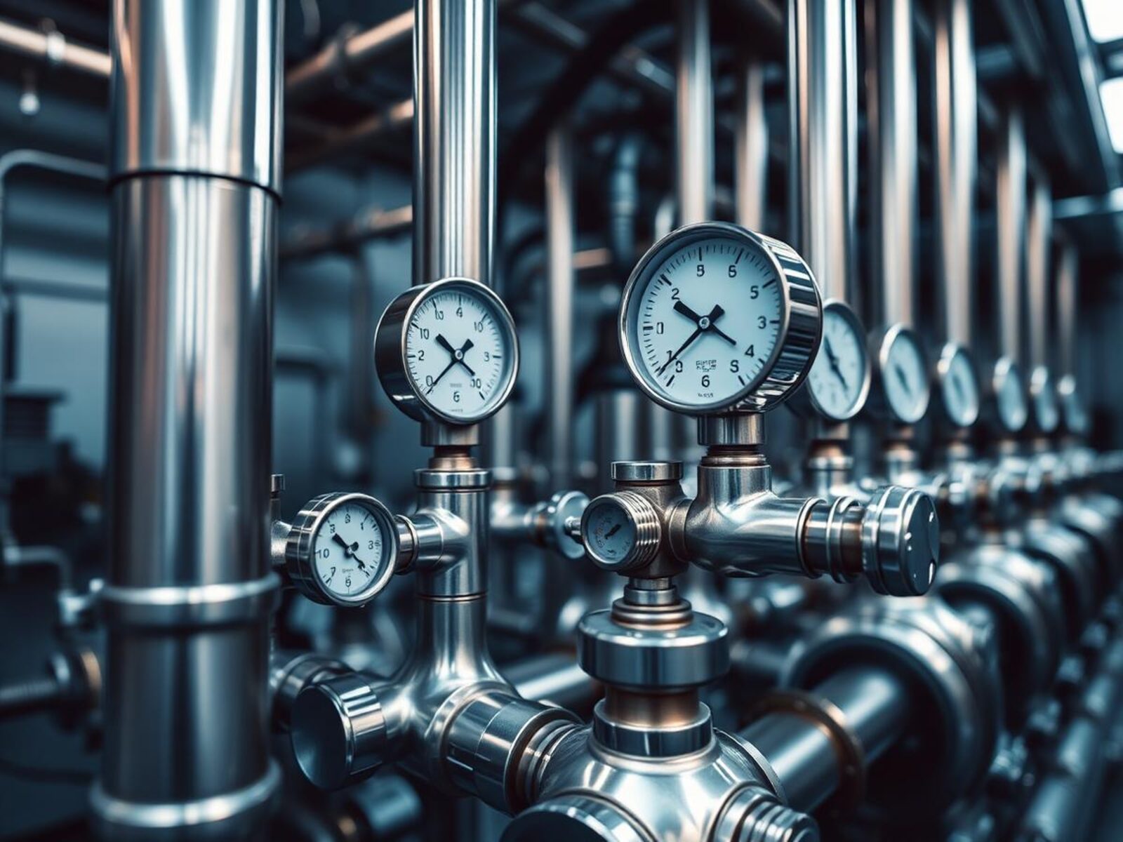 Stainless steel pipework and pressure gauges in a pump room