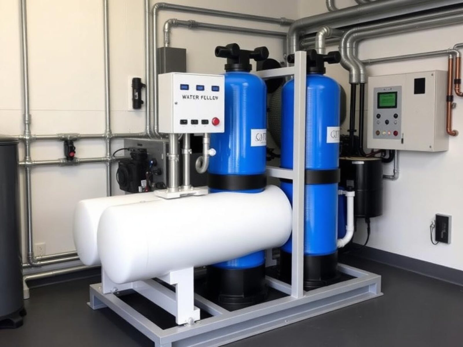 Skid mounted commercial filtration unit with blue tanks
