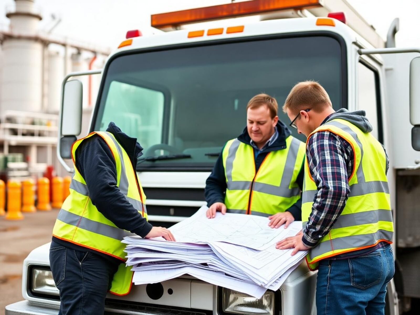 Two Uliios engineers reviewing drawings on a service truck at an industrial site