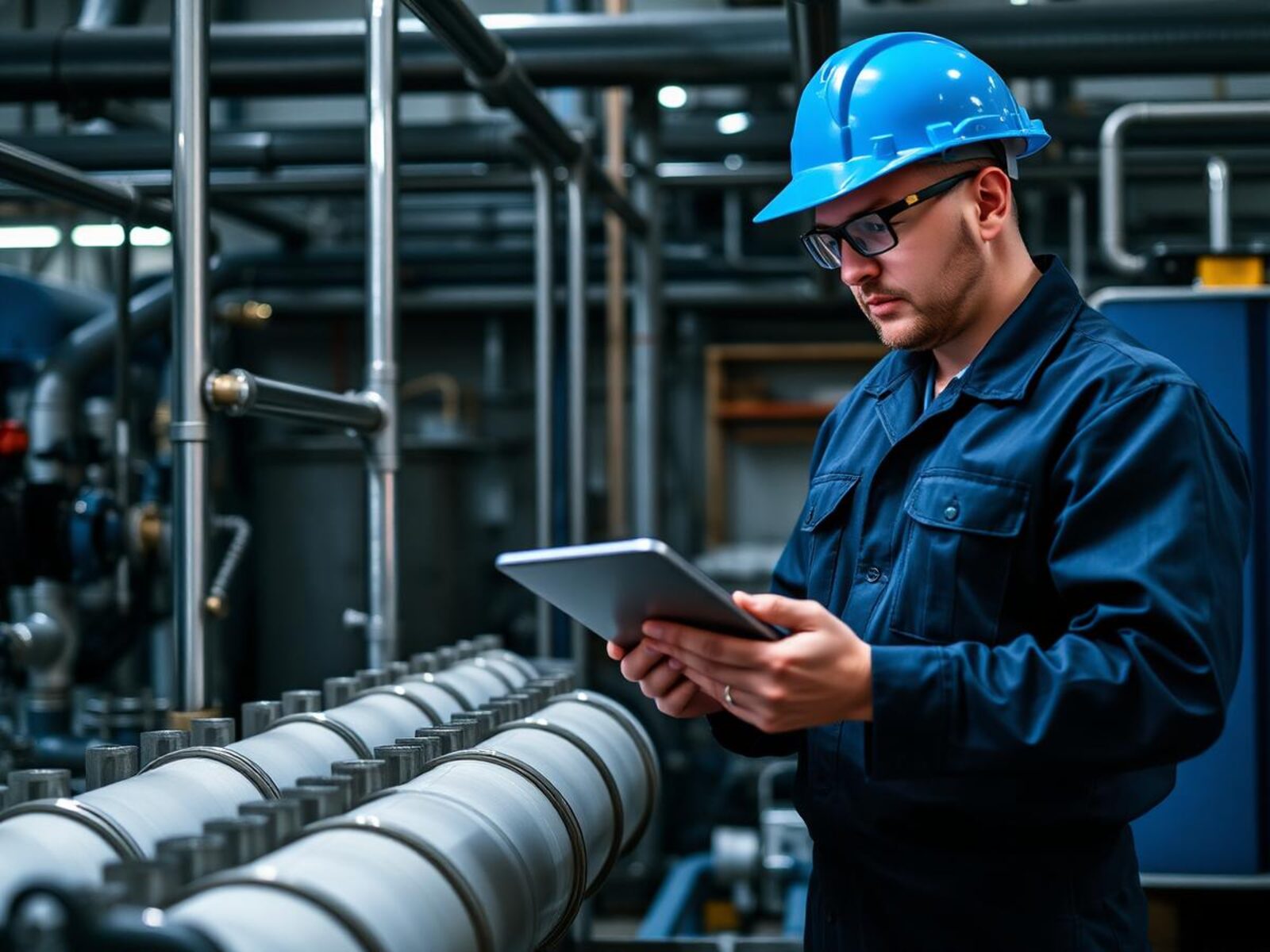Uliios technician inspecting a reverse osmosis membrane skid with a tablet